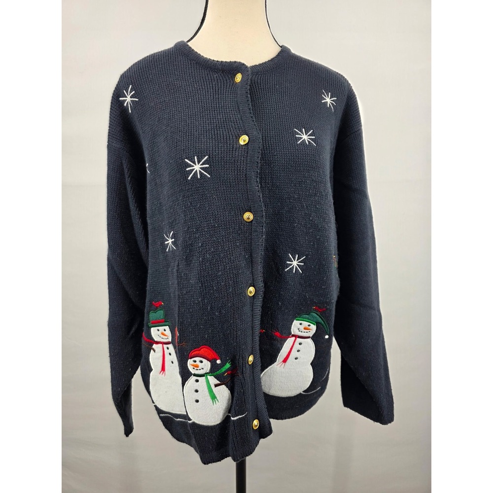 Croft & Barrow Navy Blue Snowman Holiday Cardigan Sweater Gold Buttons Large